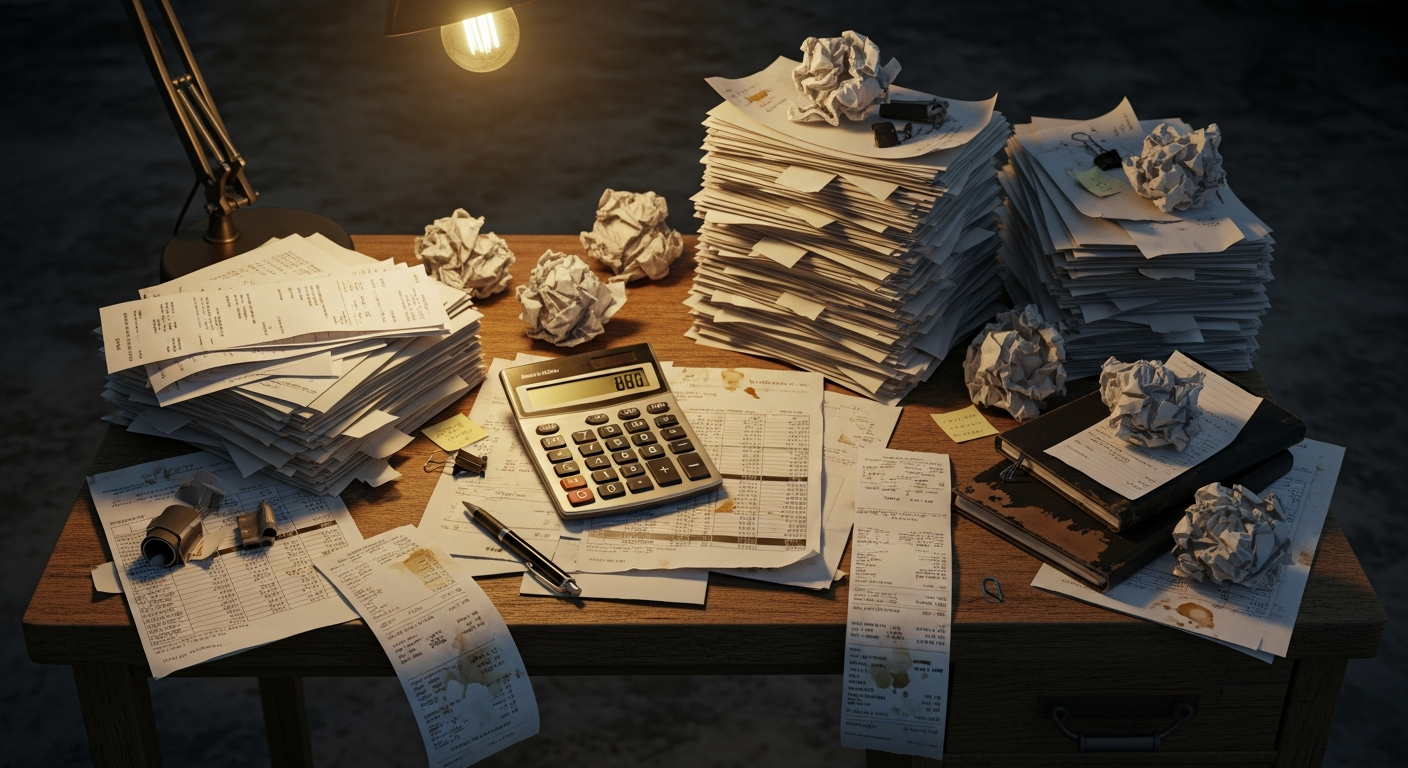 Shop owner overwhelmed by paperwork and dual screens